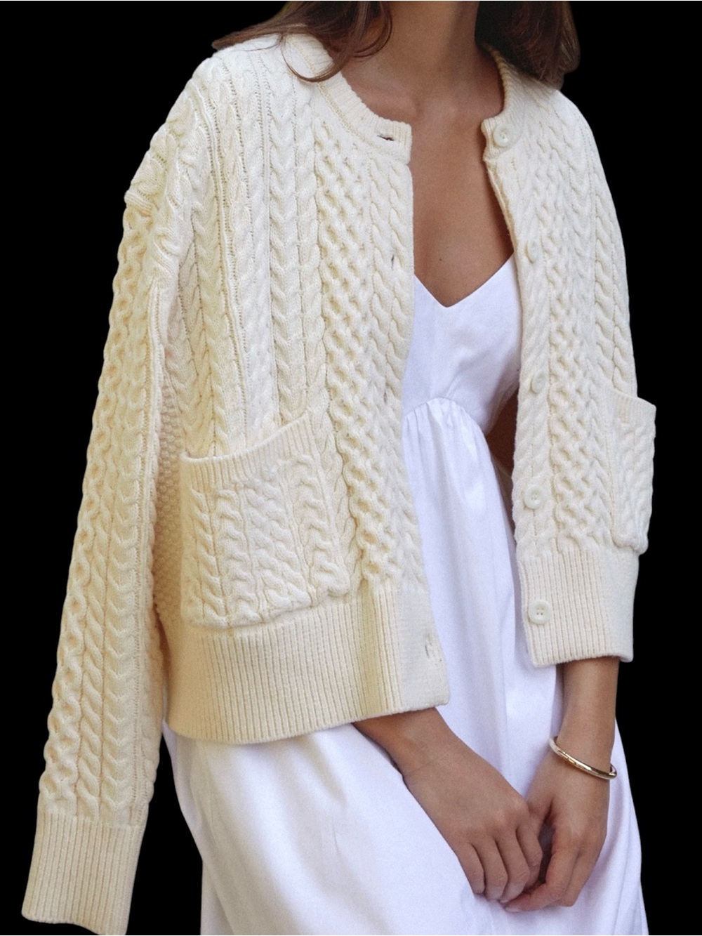 Few Moda Caara Julianna Cotton Cardigan Sweater Cream Cable Knit Button Front